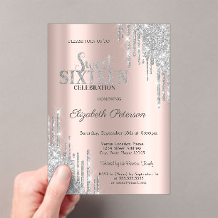 Invitaciones Acrílicas Drops Rose Gold Brillante Moderno de Plata Cumplea