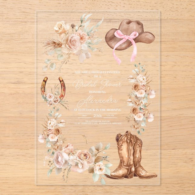Invitaciones Acrílicas Ducha Boho Floral Western Bridal (Anverso)