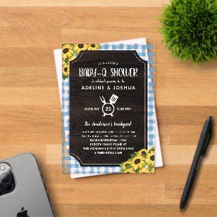 Invitaciones Acrílicas Ducha de Baby-Q de Niño con Gingham Azul Rústico y