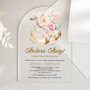 Invitaciones Acrílicas Ducha de Bebé Arco de Niña Floral Boho Ancla Náuti