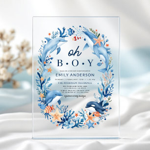 Invitaciones Acrílicas Ducha de bebé azul Bajo el Mar Oh Niño