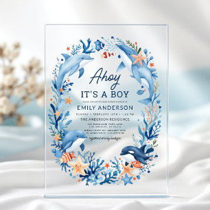 Invitaciones Acrílicas Ducha de bebé azul bajo el mar para niño