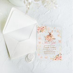Invitaciones Acrílicas Ducha de Bebé Ciervo de Invierno Rosa Es una Niña