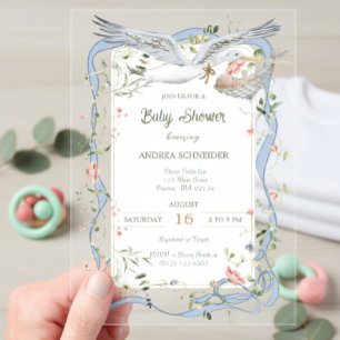 Invitaciones Acrílicas Ducha de bebé con cinta y lazo de cigüeña