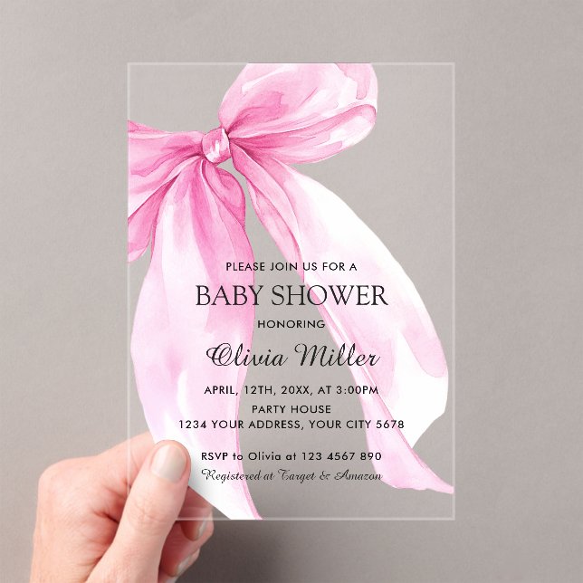 Invitaciones Acrílicas Ducha de Bebé con Lazo de Rosa (Insitu (portátil))