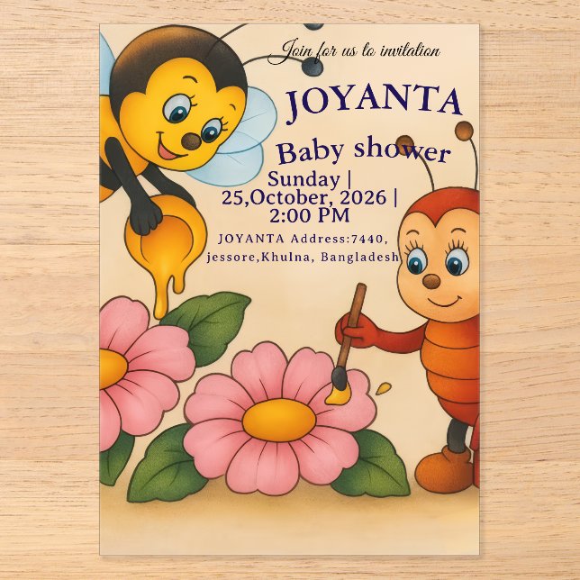 Invitaciones Acrílicas Ducha de bebé de abeja personalizada  (Anverso)