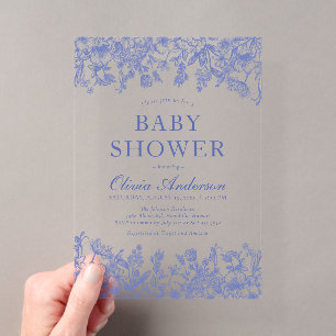Invitaciones Acrílicas Ducha de bebé de Chinoiserie Floral Vintage Azul P