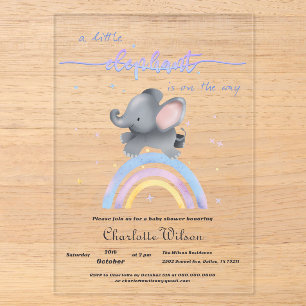 Invitaciones Acrílicas Ducha de bebé de elefante lindo con arcoíris color