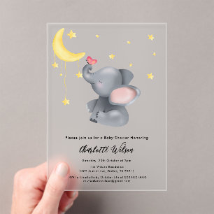 Invitaciones Acrílicas Ducha de bebé de elefante lindo con mariposa peque