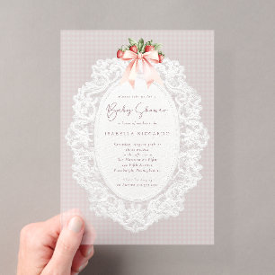 Invitaciones Acrílicas Ducha de Bebé de Encaje y Fresas con Lazo Coquette