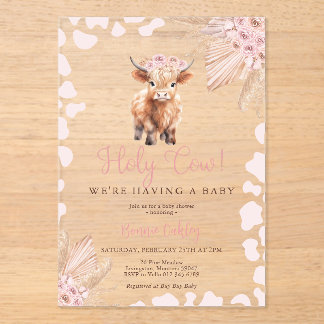 Invitaciones Acrílicas Ducha de bebé de flor seca boho Vaca Sagrada rosa