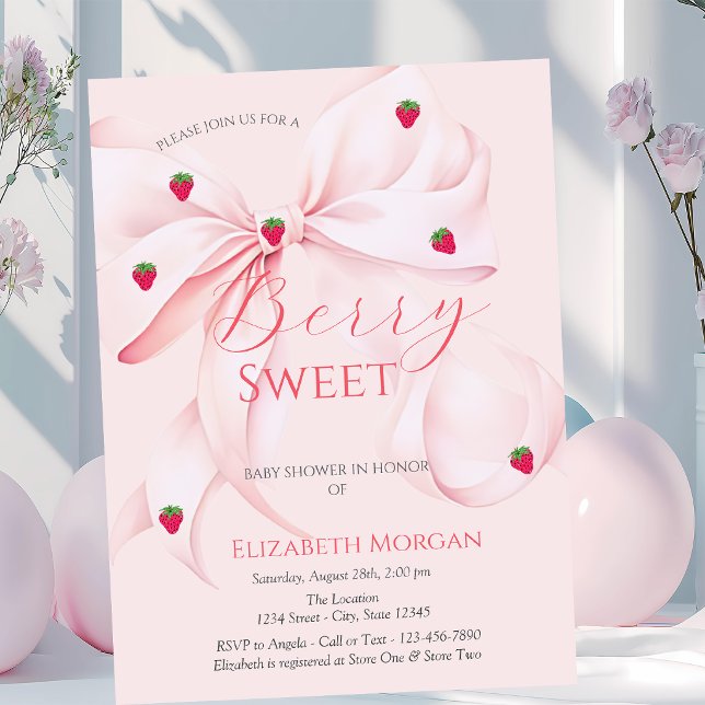 Invitaciones Acrílicas Ducha de bebé de fresas con lazo rosa (Subido por el creador)