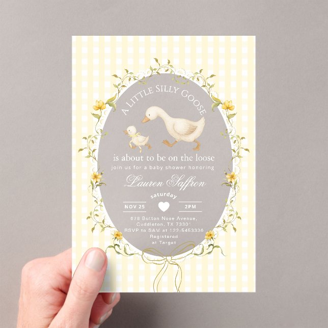Invitaciones Acrílicas Ducha de bebé de gingham amarillo Silly Goose (Insitu (portátil))