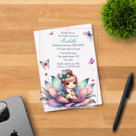 Invitaciones Acrílicas Ducha de bebé de hada bonita sentada dentro de flo