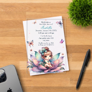 Invitaciones Acrílicas Ducha de bebé de hada bonita sentada dentro de flo