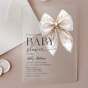 Invitaciones Acrílicas Ducha de Bebé de la Niña del Lazo de Perla
