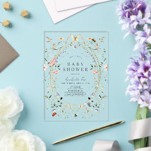 Invitaciones Acrílicas Ducha de bebé de mariposa abeja acuarela Wildflowe