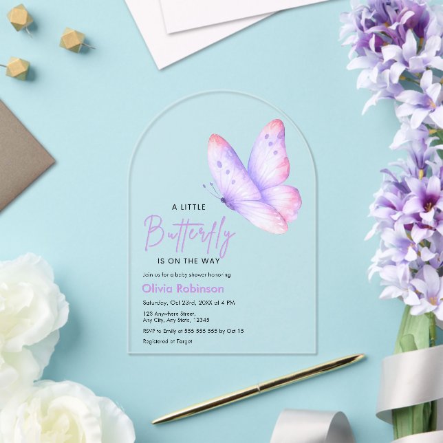 Invitaciones Acrílicas Ducha de bebé de mariposa morada rosa (Insitu (Boda))