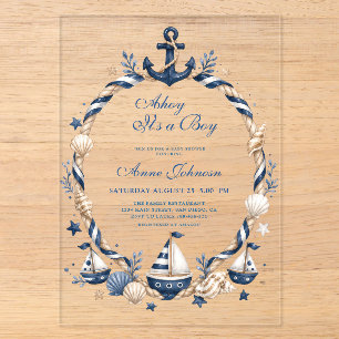 Invitaciones Acrílicas Ducha de bebé de niño Ahoy Barco de vela a cuadros