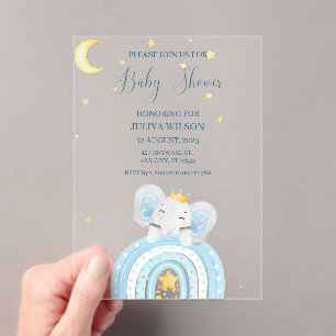 Invitaciones Acrílicas Ducha de bebé de niño azul y elefante lindo