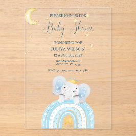 Invitaciones Acrílicas Ducha de bebé de niño azul y elefante lindo