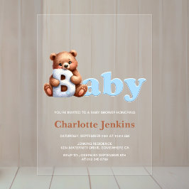 Invitaciones Acrílicas Ducha de bebé de osito de peluche azul