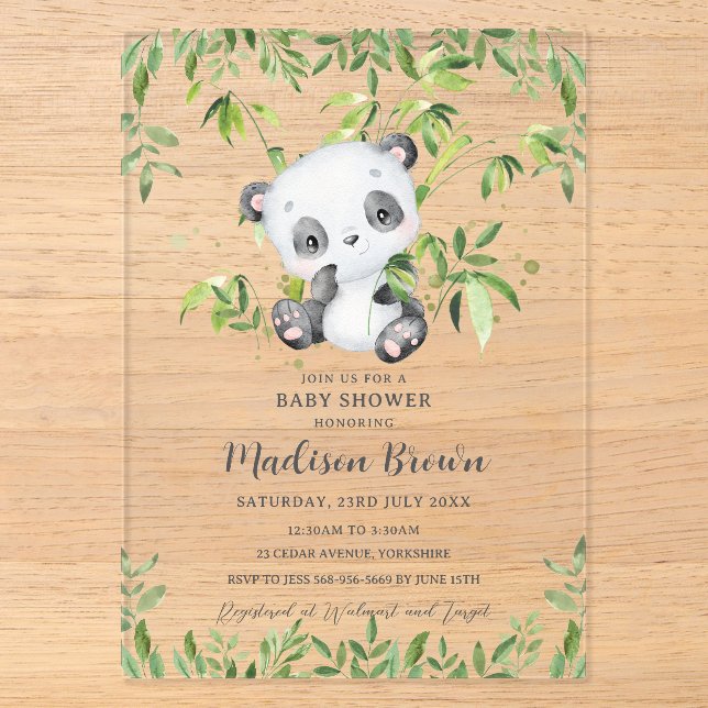 Invitaciones Acrílicas Ducha de bebé de panda oso de bambú verde (Anverso)