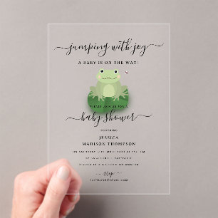 Invitaciones Acrílicas Ducha de Bebé de Ranas Lindas en Estanque de Lirio