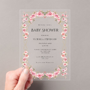 Invitaciones Acrílicas Ducha de bebé de rosas florales elegantes rosadas