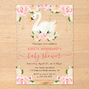Invitaciones Acrílicas Ducha de bebé del cisne floral elegante acuarela
