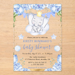 Invitaciones Acrílicas Ducha de Bebé Elefante Acuarela y Rosas Azules
