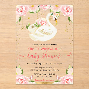 Invitaciones Acrílicas Ducha de bebé elegante con cisne floral en acuarel