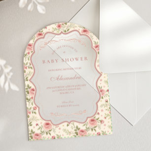 Invitaciones Acrílicas Ducha de bebé en jardín de cottage rosa romántico