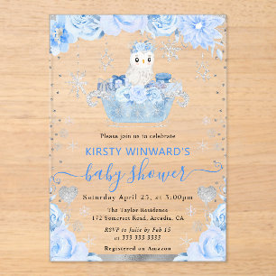 Invitaciones Acrílicas Ducha de bebé floral de búho ártico con acuarela