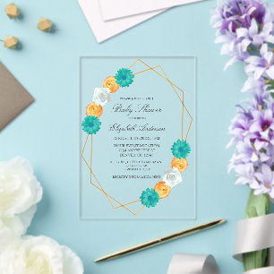 Invitaciones Acrílicas Ducha de bebé floral geométrica naranja y azul tur