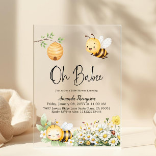 Invitaciones Acrílicas Ducha de Bebé Floral Rústica Oh Bebé Abeja