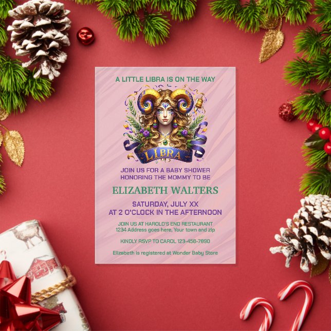 Invitaciones Acrílicas Ducha de bebé Libra Zodiaco Lavanda y Verde (Insitu (Vacaciones))
