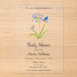 Invitaciones Acrílicas Ducha de bebé lirio con madre y bebé pájaro azul
