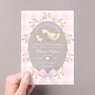Invitaciones Acrílicas Ducha de bebé Little Silly Goose a cuadros rosados