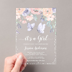 Invitaciones Acrílicas Ducha de Bebé Mariposa Floral Rosa Púrpura