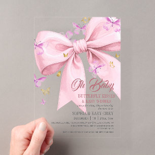 Invitaciones Acrílicas Ducha de bebé Mariposa Morada Rosa Dorado y Rubor