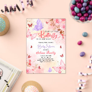 Invitaciones Acrílicas ducha de bebé mariposa pequeña niña Acuarela Rosa