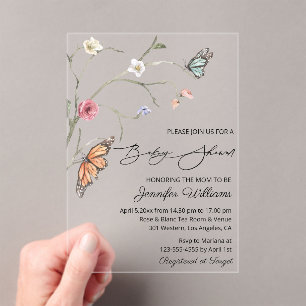 Invitaciones Acrílicas ducha de bebé mariposas florales elegantes acuarel