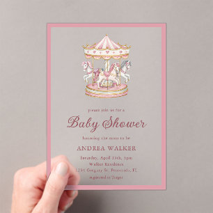 Invitaciones Acrílicas Ducha de Bebe Niña Carrusel Rosa Pastel