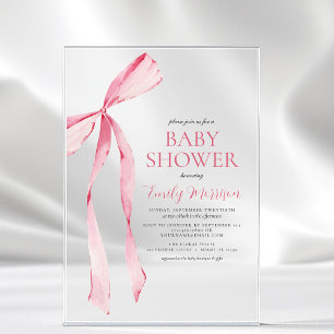 Invitaciones Acrílicas Ducha de Bebé Niña con Lazo de Acuarela Rosa Claro