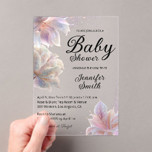 Invitaciones Acrílicas ducha de bebé niña elegante flores brillo lujo