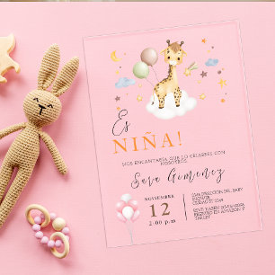 Invitaciones Acrílicas Ducha de Bebé Niña Española Jirafa con Globos