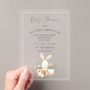 Invitaciones Acrílicas Ducha de bebé niña floral acuarela conejo verde 