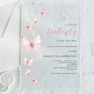 Invitaciones Acrílicas Ducha de Bebé Niña Mariposa Pequeña Rosa
