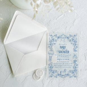 Invitaciones Acrílicas Ducha de bebé niño con lazo floral de toile azul p